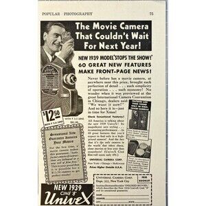 Universal Camera "1939 Cine' 8 UniveX Movie Camera" Vintage Print Ad 1938